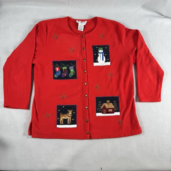 VTG Women's 1X Appliqué Winter Snow Christmas Cardigan Sweater Grannycore - Picture 3 of 12